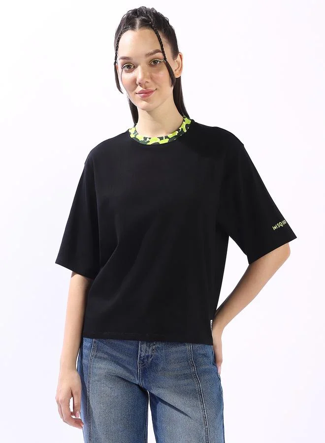 هاي ستار Women's Black 100% Cotton Solid Oversized T-Shirt