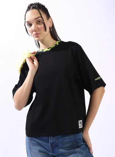 هاي ستار Women's Black 100% Cotton Solid Oversized T-Shirt