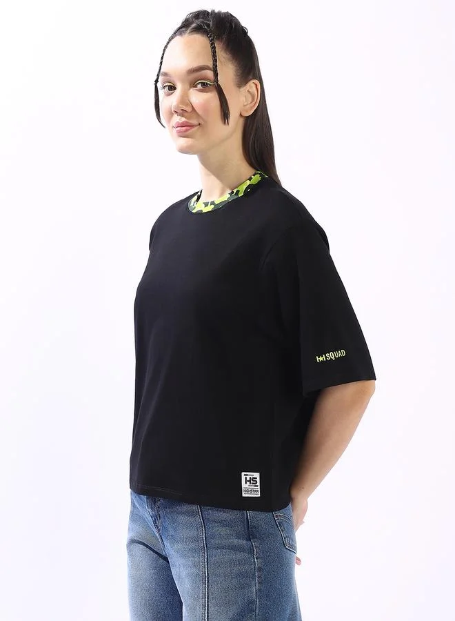 هاي ستار Women's Black 100% Cotton Solid Oversized T-Shirt