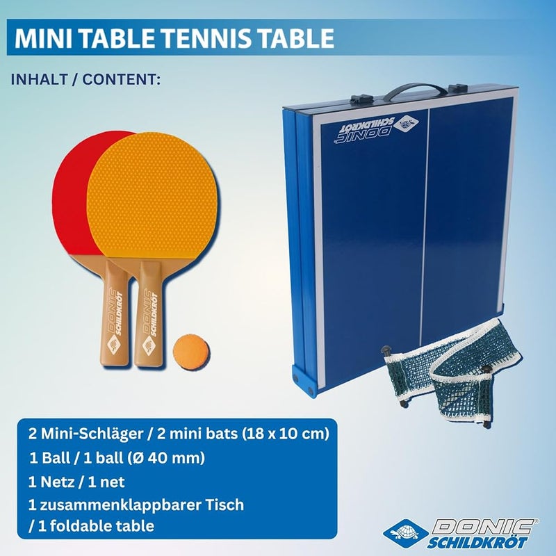 Schildkröt Donic-Schildkröt 838576 Mini Table Tennis Table Top Complete Set with 2 Bats and 1 Ball Foldable Plate – Briefcase Size – Blue Plate Dimensions 68 x 33 x 9 cm - Image 3