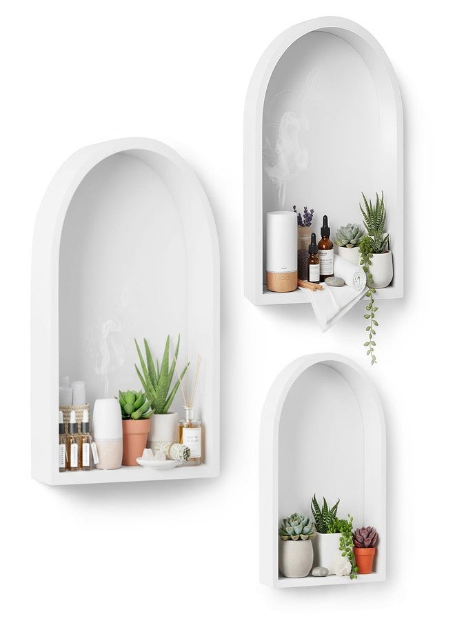 Threehoney 3 Set Arched Wall Shelf 9.8 x 7.5 Inch Wooden Hanging Arch Shelf Deep Display Storage Shelves Floating Shelves for Home Office Room Mini Figures Potted Plants Wall Decor(White) - Image 1