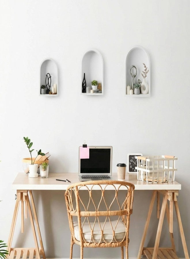 Threehoney 3 Set Arched Wall Shelf 9.8 x 7.5 Inch Wooden Hanging Arch Shelf Deep Display Storage Shelves Floating Shelves for Home Office Room Mini Figures Potted Plants Wall Decor(White) - Image 3