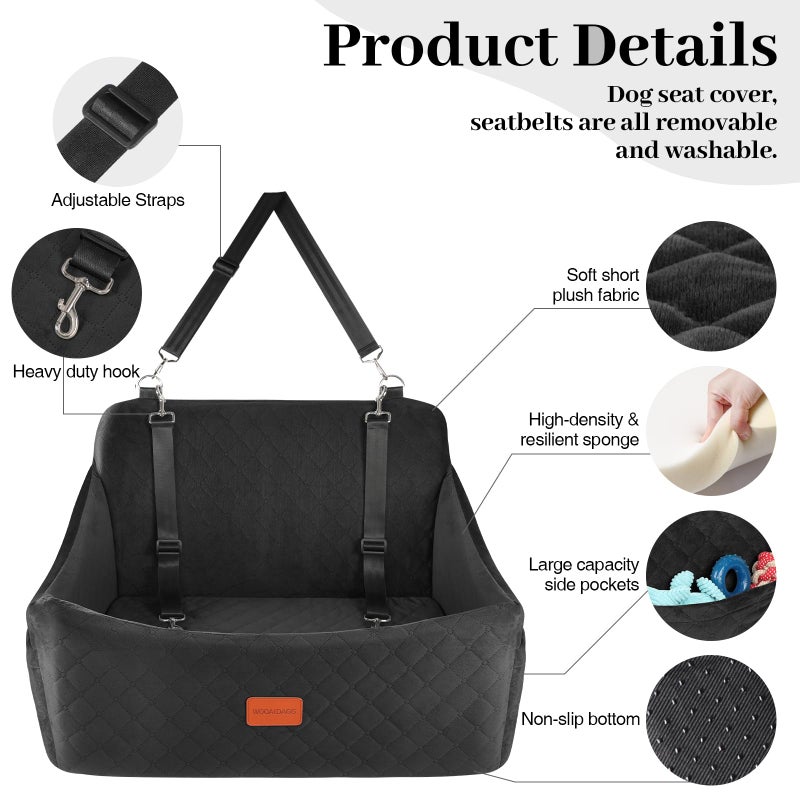 Wooaidagg Dog Car Seat for Medium & Large Dogs Up to 55lbs, Memory Foam Cushion, Washable Cover, Safety Straps & Non-Slip Bottom(Black,Large) - Image 2