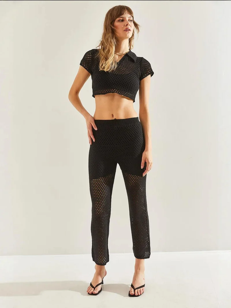 Bianco Lucci LUCCI Textured Knit Crop Top and Flared Pants Set