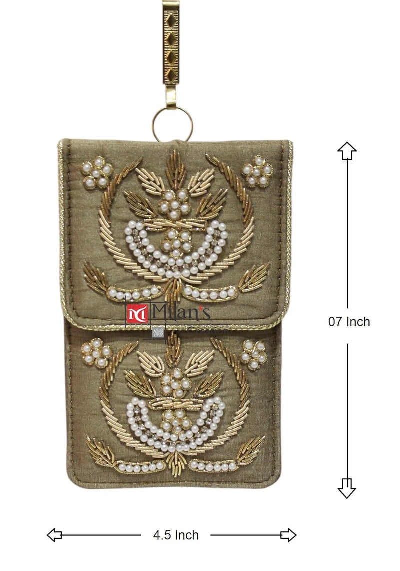 MILAN'S CREATION Exclusive Mobile Pouch Zardozi Hand Embroidery With Waist Clip Hook & Sling Chain (removable) | Ladies Women’s Handbag Wallet Sling Purse | Party Wedding Festival Giveaways Gift | - Image 2