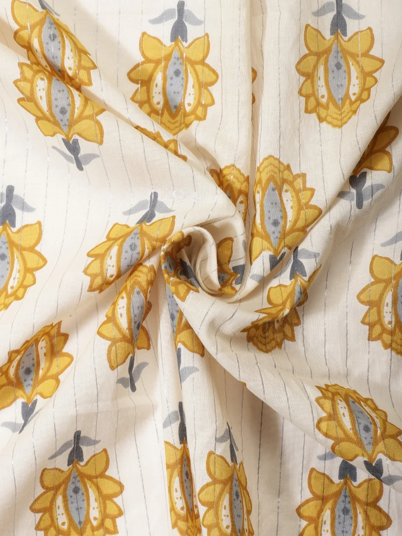 أيه كيه إس Lotus Buta Print Fabric, Mustard Yellow, One Meter