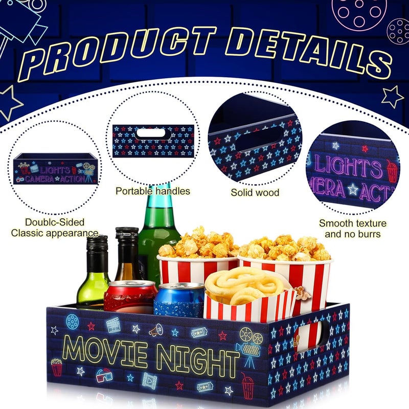 GlikCeil Movie Night Supplies Snack Trays with Handles Reusable Wooden Movie Gift Basket for Theater Popcorn Bucket Bowl Box Container Family Room Christmas Decor(Purple Style) - Image 3