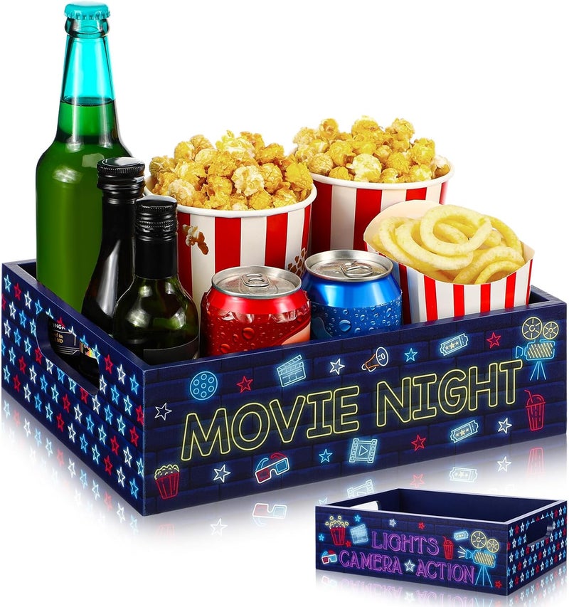 GlikCeil Movie Night Supplies Snack Trays with Handles Reusable Wooden Movie Gift Basket for Theater Popcorn Bucket Bowl Box Container Family Room Christmas Decor(Purple Style) - Image 1