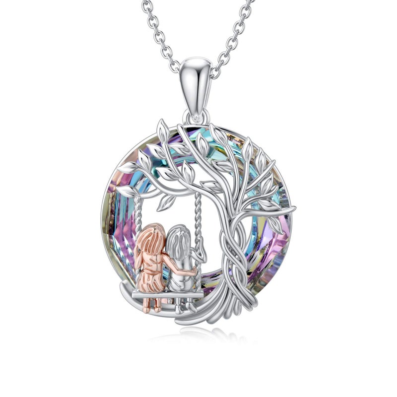 TOUPOP Gifts for Sister Sterling Silver Tree of Life Pendant Necklace Purple Circle Crystal 2 Sisters on the Swing Necklace Best Friend Jewelry Gifts for Women Friends Birthday Valentines's Day - Image 1