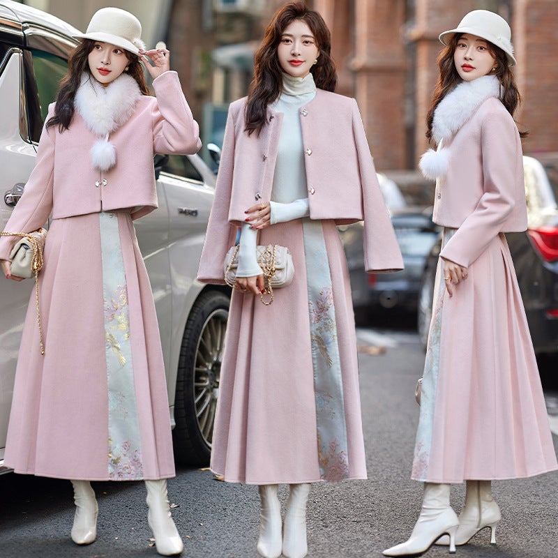 New Year Greeting Clothing Chinese Down Vest Skirt Stitching Suit White Duck Down Real Fox Fur Long Sleeve H10352 - Image 1