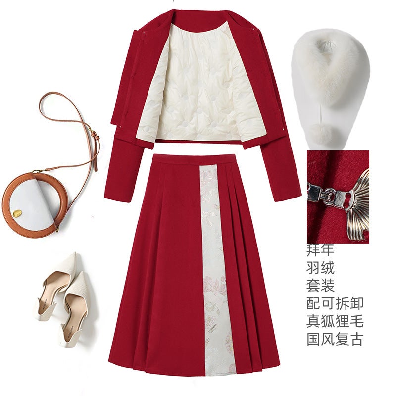 New Year Greeting Clothing Chinese Down Vest Skirt Stitching Suit White Duck Down Real Fox Fur Long Sleeve H10352 - Image 3