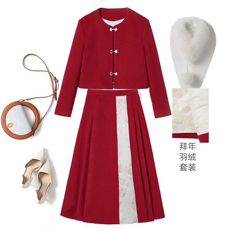 New Year Greeting Clothing Chinese Down Vest Skirt Stitching Suit White Duck Down Real Fox Fur Long Sleeve H10352 - Image 2