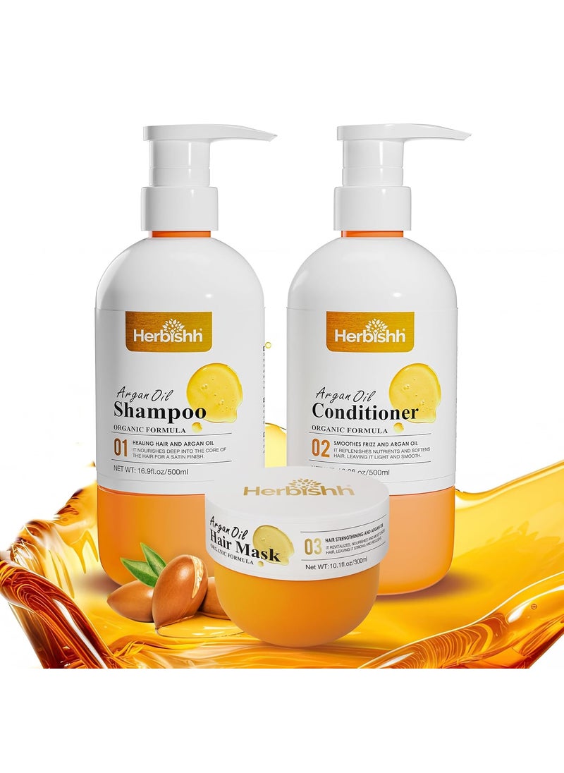 Herbishh - Herbishh Moroccan Argan Oil Shampoo and Conditioner Set with Hair Mask, Moisturizing & Deep Cleansing Kit For Dry, Damaged, Frizzy Hair, Color Safe & UV Protection 16.9fl.oz + 16.9fl.oz + 10.1 fl.oz - Image 1