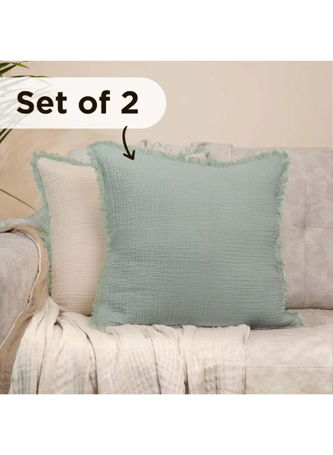 Folkulture Folkulture Throw Pillow Covers 18x18 | Set of 2 Reversible Dual Sided Decorative Pillows for Couch | Boho Throw Pillow Covers | Green Throw Pillows & Beige Throw Pillows for Couch in Farmhouse Decor