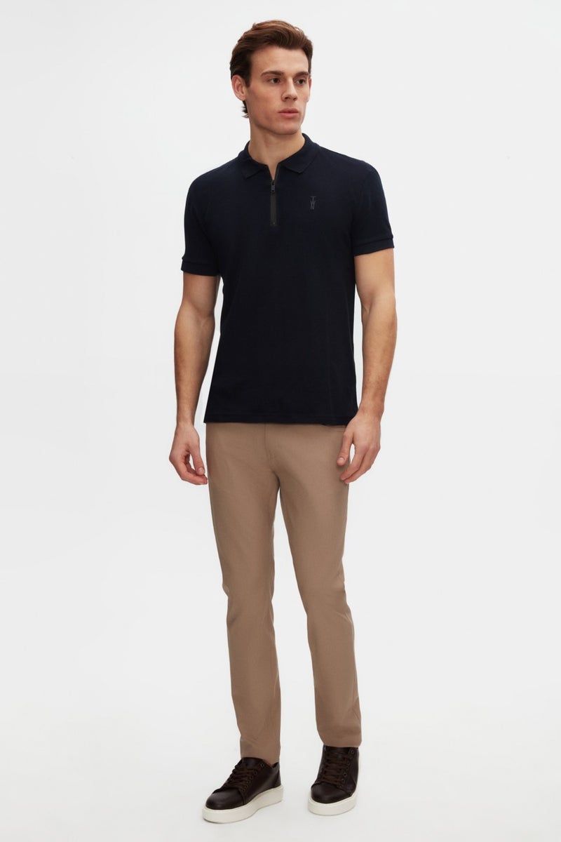 twn Slim Fit Navy Blue Pique Textured Half Zipper Polo Neck T-Shirt 4EC14ORTFRPLO  - Image 4