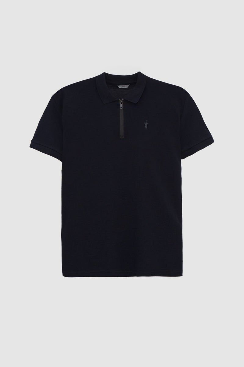 twn Slim Fit Navy Blue Pique Textured Half Zipper Polo Neck T-Shirt 4EC14ORTFRPLO  - Image 5