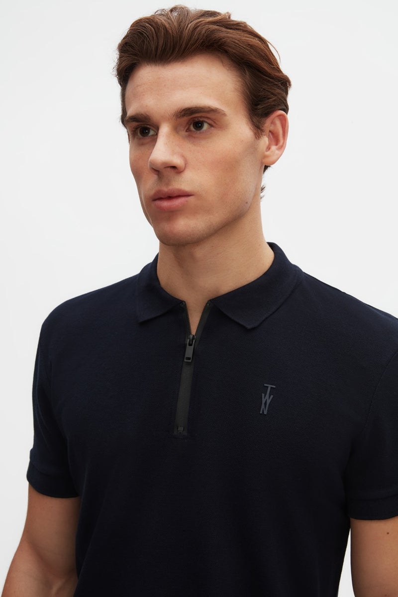 twn Slim Fit Navy Blue Pique Textured Half Zipper Polo Neck T-Shirt 4EC14ORTFRPLO  - Image 2
