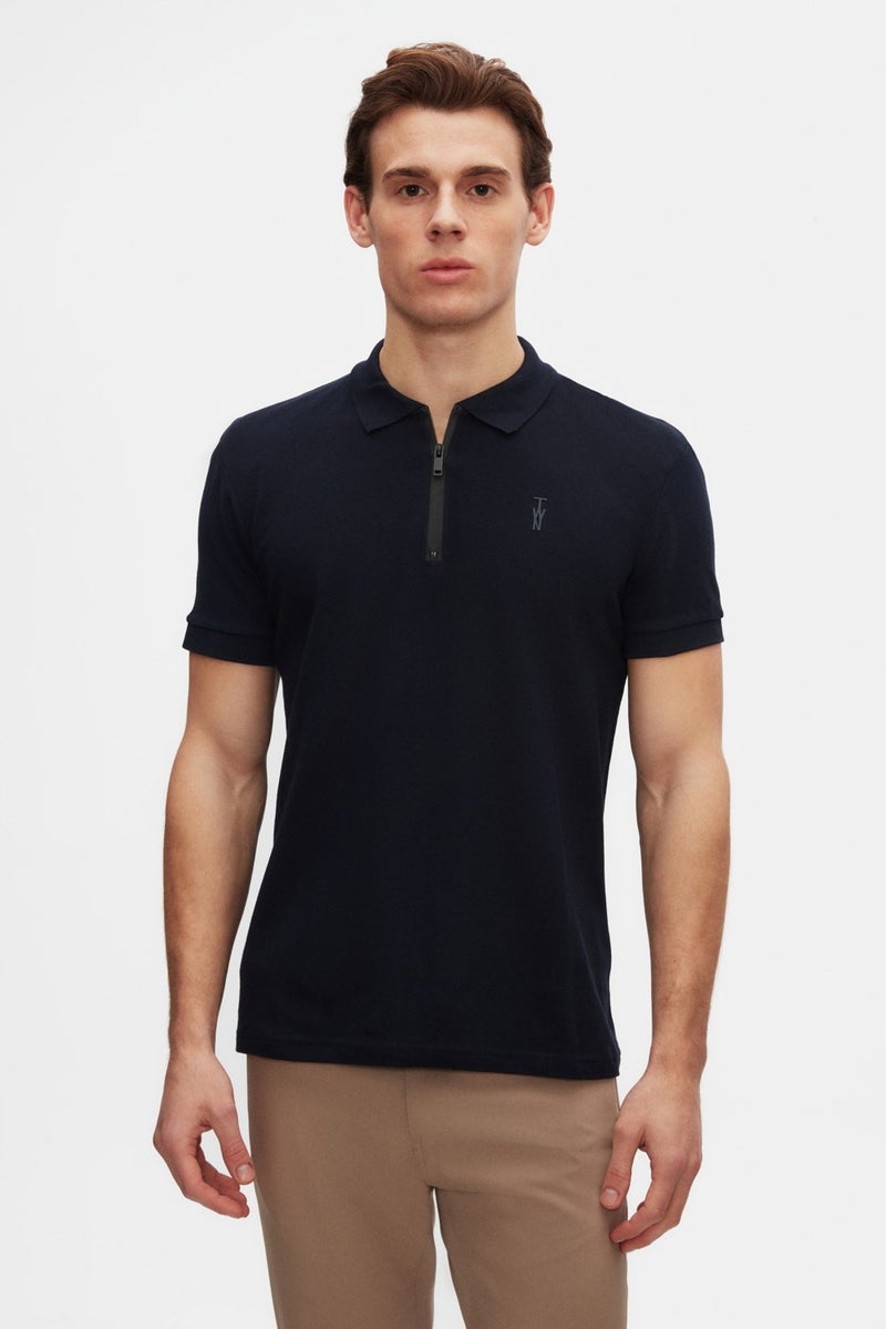 twn Slim Fit Navy Blue Pique Textured Half Zipper Polo Neck T-Shirt 4EC14ORTFRPLO  - Image 1