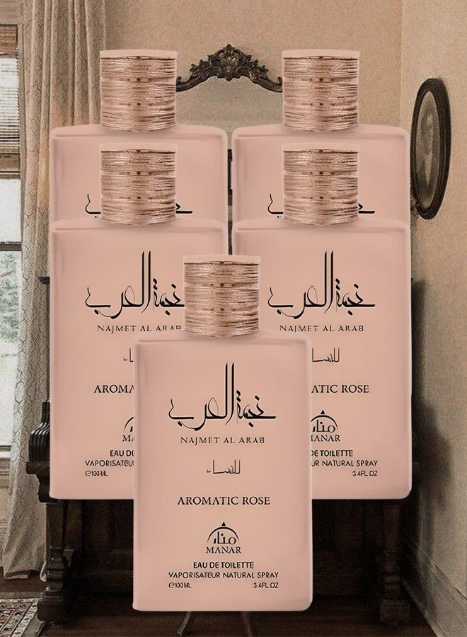 manar 5 Pieces Najmet Al Arab Aromatic Rose Perfume For Women 100ml EDT - Image 1