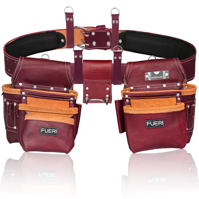 FUERI Full Grain Leather tool belts for men Heavyduty Carpenter Tool Rig organizer with 17 Pockets pouches hammer holder 4Suspender loops and a foampadded belt for Framers and Electricians