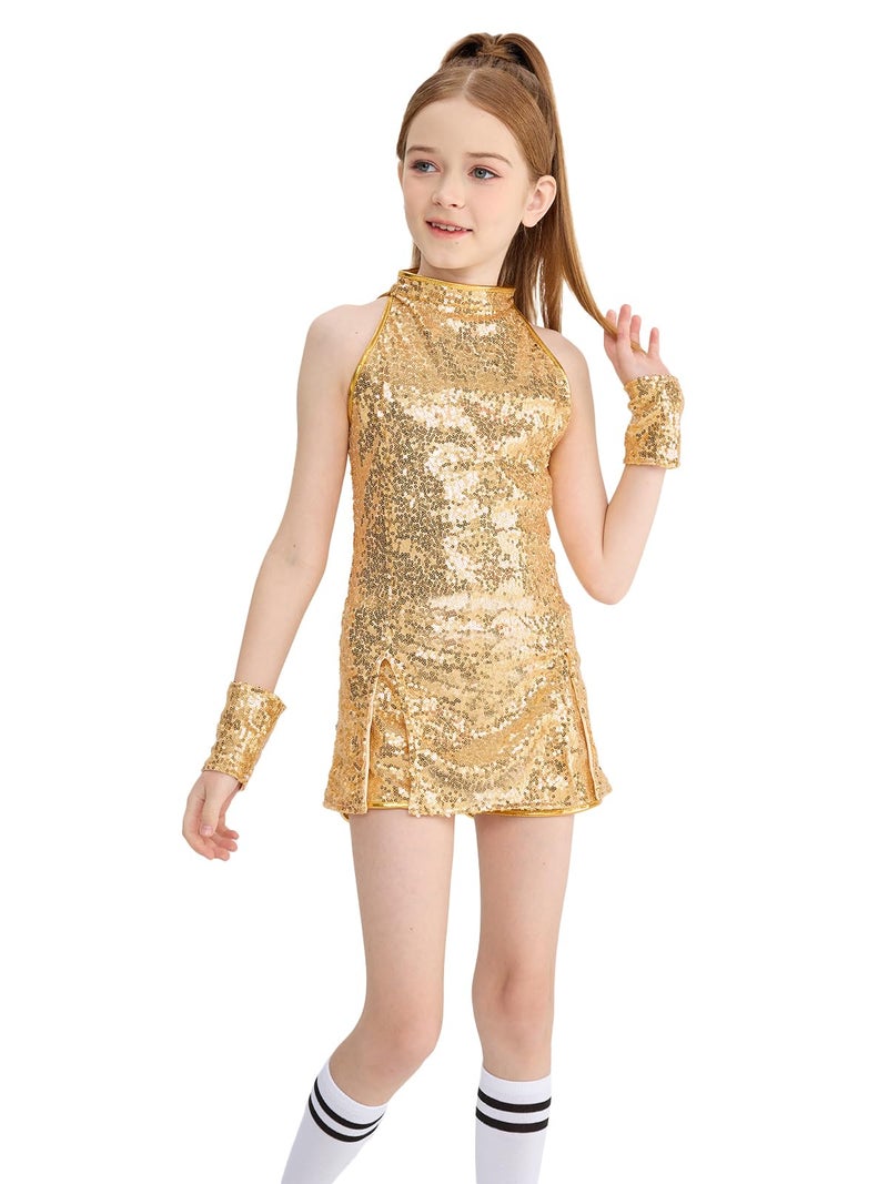 LOLANTA Girls Sequin Dance Clothes Sparkle Hip Hop Jazz Dance Outfits Sleeveless Top Shorts Golden 1011 Years