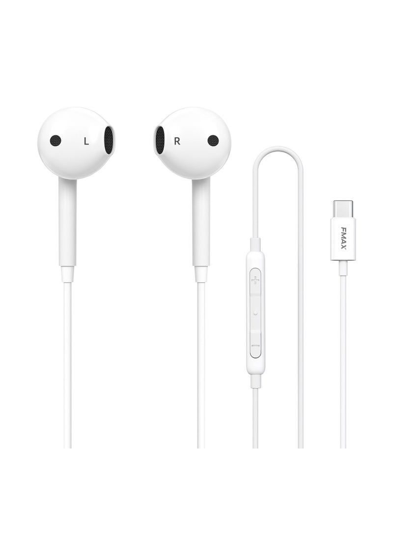 FMAX - Type-C Wired Earphones with Built-in Microphone Compatible with Apple and Samsung, -White - Image 1