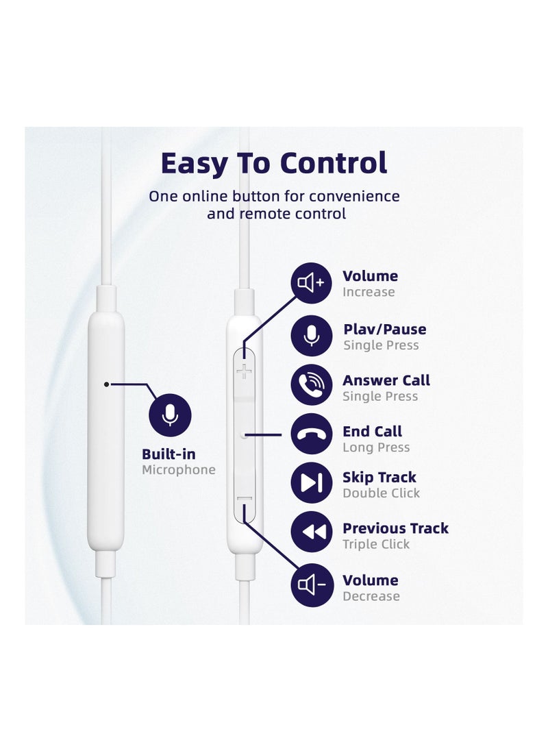 FMAX - Type-C Wired Earphones with Built-in Microphone Compatible with Apple and Samsung, -White - Image 1