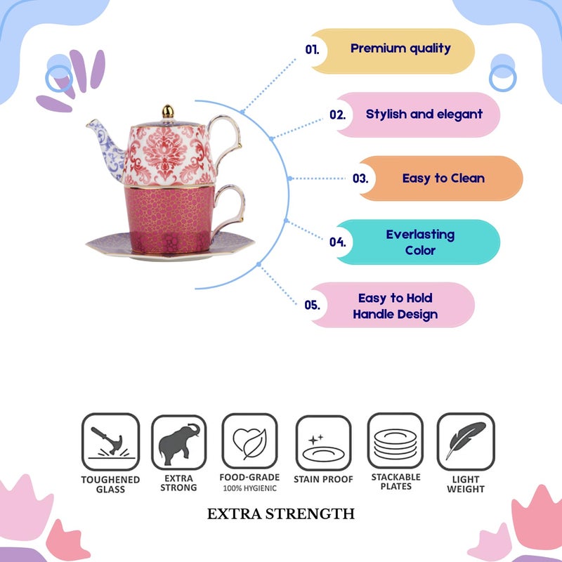 IZZHAAR Regal Petal Tea Pot Set with Infuser, Handcrafted Durable Single Cup and Kettle Set: Royal Teapot with Glossy Finish (Multicolor) - Image 4