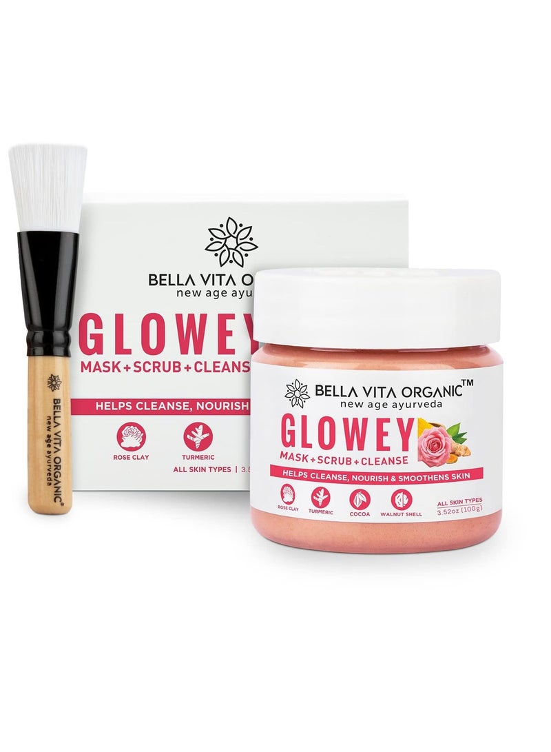 Bella Vita Organic Glowey Face Pack Scrub Face Wash 3 in 1 for Glowing Skin Radiance Unisex Ayurveda With Free Face Pack Applicator Brush 100 gm - Image 1