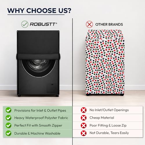 Robustt Front Load Fully Automatic Washing Machine Cover for 8 Kg, 8.5 Kg, 9 Kg, 9.5 (Black) | Waterproof & Dustproof Polyester Fabric with Zipper | Protection Cover | 63 x 63 x 93 cms - Image 5