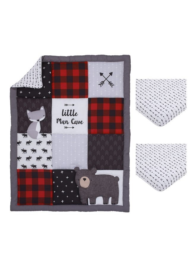 NoJo - NoJo Little Love Little Man Cave Grey, Red, Black and Ivory, Bear, Fox, Moose, Buffalo Check and Arrows Rustic 3 Piece Nursery Mini Crib Set - Comforter and Two Fitted Mini Crib Sheets - Image 1