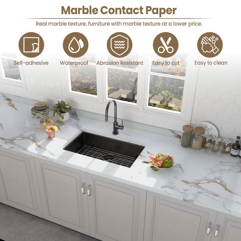 practicalWs Glossy Marble Wallpaper Peel and Stick White/Gold Granite Contact Paper Removable Wall Paper for Kitchen Countertop Cabinet Furniture 11.8" x 78.7" - Image 2