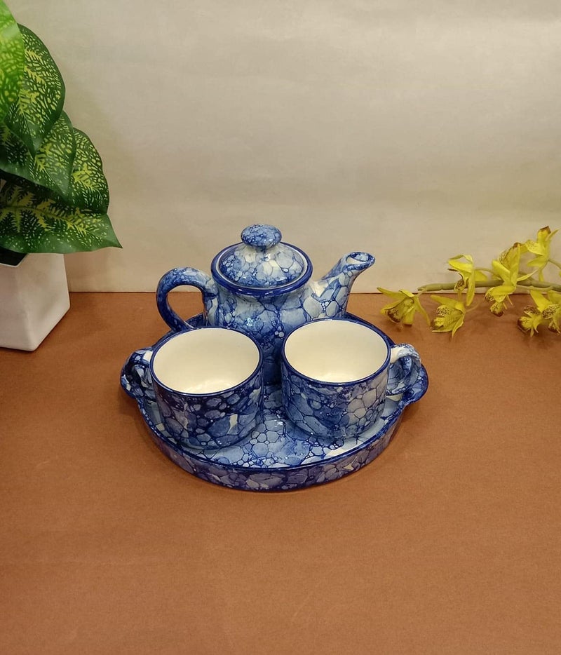 Caffeine Ceramic Handmade Blue and White Tea Tray Set Morning Set Set of 4 - Image 1