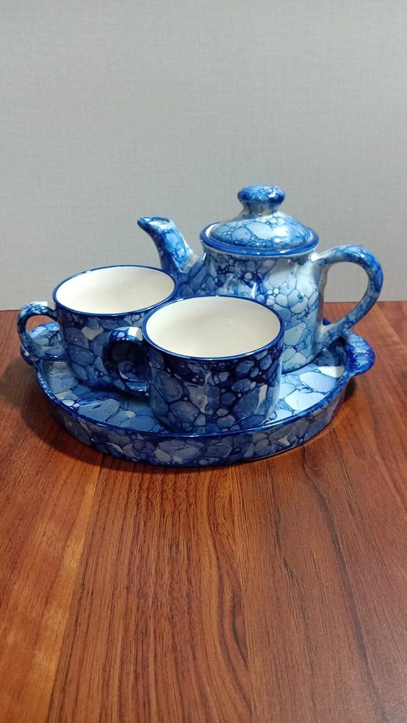 Caffeine Ceramic Handmade Blue and White Tea Tray Set Morning Set Set of 4 - Image 2