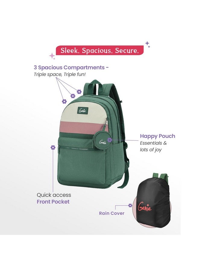 Genie Essence Casual Backpack For Girls |18 In-27Ltr with Laptop Sleeve, Rain Cover and Three Compartments with Padded Shoulders |Best for Books,Stationery,Lunch Box & Essentials - Green - Image 2