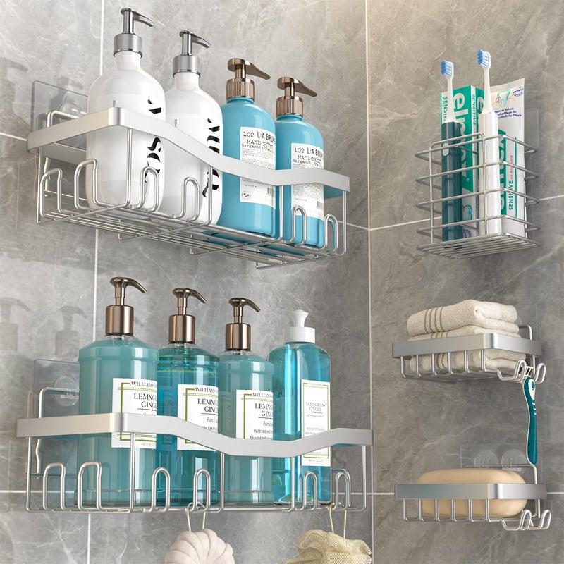 Youvip Adhesive Shower Caddy, No Drilling Bath Organizers 5 Pack, Rustproof Shelves with Soap Holder & Toothbrush Holder, Bathroom Organizers and Storage, Silver - Image 1