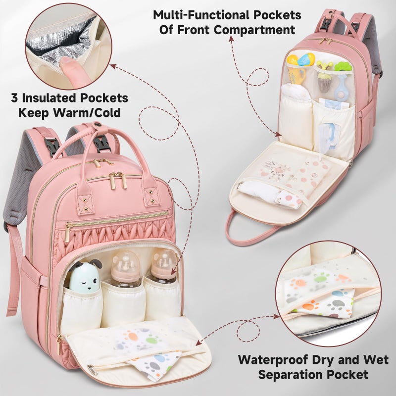 Tealari Diaper Bag Backpack,Stylish Baby Diaper Bag,Waterproof Travel Diaper Backpacks Baby Bags with Changing Pad,Stroller Straps,Insulated Pockets (Pink) - Image 3