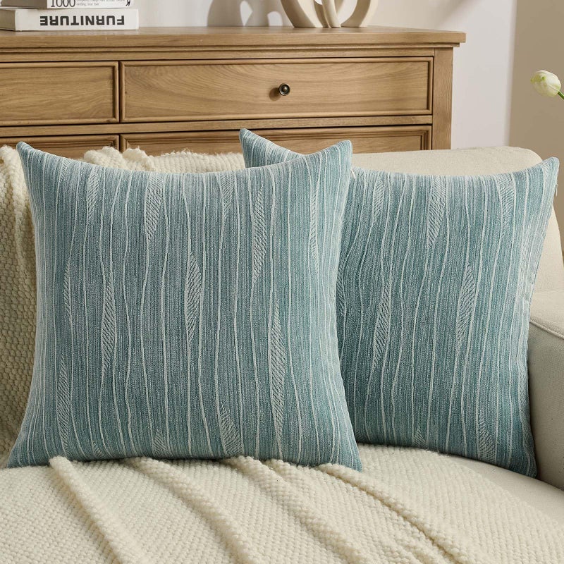 FUTEI Pack of 2 Dyeing Chenille Throw Pillow Covers 18x18 Inch Soft Line Textured Decorative Cushion Cases Modern Farmhouse Accent for Couch Living Room Dyeing Teal - Image 2