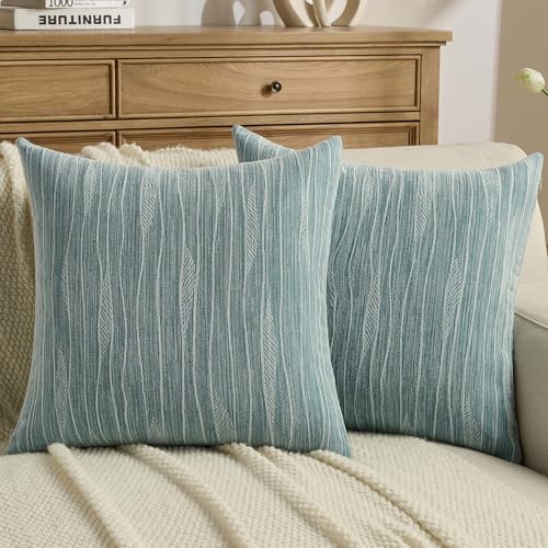 FUTEI Pack of 2 Dyeing Chenille Throw Pillow Covers 18x18 Inch Soft Line Textured Decorative Cushion Cases Modern Farmhouse Accent for Couch Living Room Dyeing Teal - Image 1