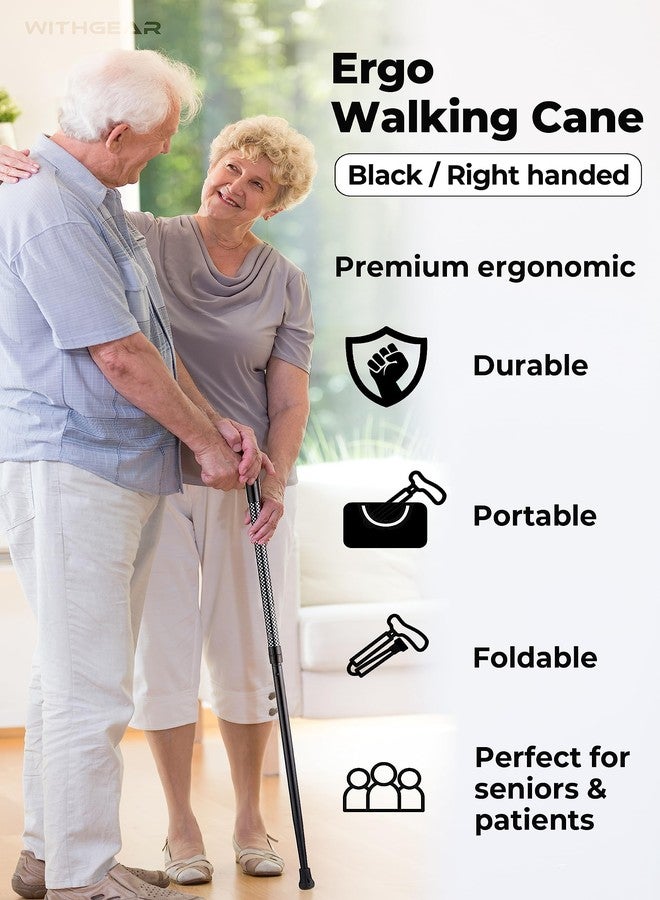 Withgear Ergonomic Walking Cane for Men & Women - Foldable & Adjustable Walking Stick with Lightweight Duralumin, Shock-Absorbing Lock (Right-Handed Grip, Black) - Image 2