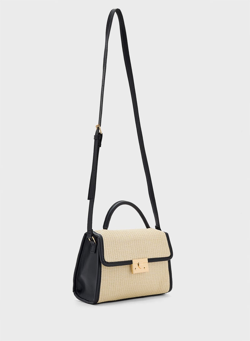 ELLA Contrast Jute Textured Satchel Bag  - Image 3