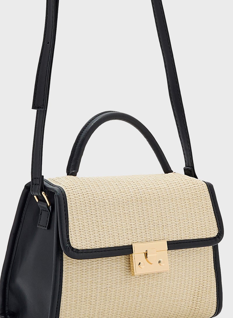 ELLA Contrast Jute Textured Satchel Bag  - Image 4
