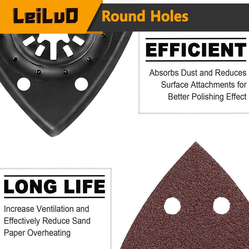 LEILUO 127 Pcs Oscillating Tool Sanding Pad Kit 2Pcs 3-1/2 Inch Triangle Sanding Pads 2Pcs Fingertip Sand Pad 120Pcs Sandpaper 3Pcs Adapters Compatible with DeWalt Dremel Milwaukee and More - Image 5