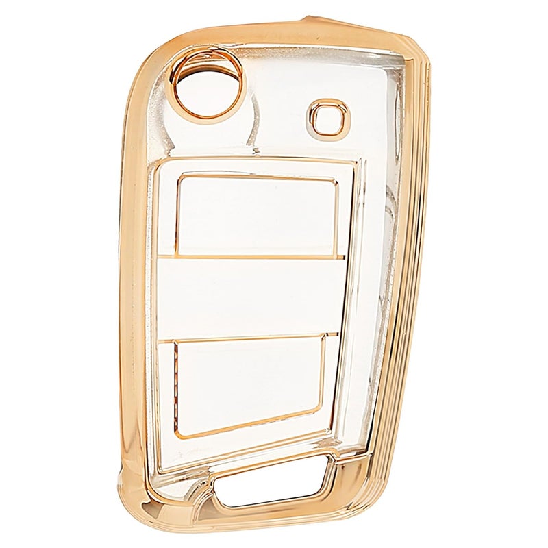 JVCV ® Soft TPU Transparent Cover Compatible with Kylaq Slavia Kushaq Taigun Tiguan Virtus Octavia Kodiaq Superb Folding Key – Stylish Durable Protector Case (Transparent Gold) - Image 1