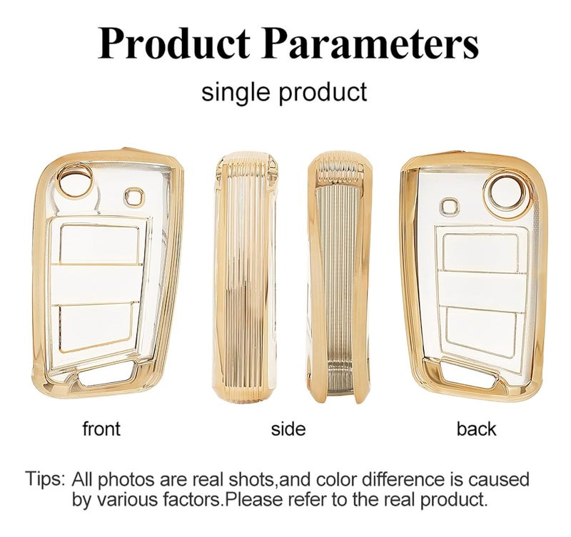 JVCV ® Soft TPU Transparent Cover Compatible with Kylaq Slavia Kushaq Taigun Tiguan Virtus Octavia Kodiaq Superb Folding Key – Stylish Durable Protector Case (Transparent Gold) - Image 3