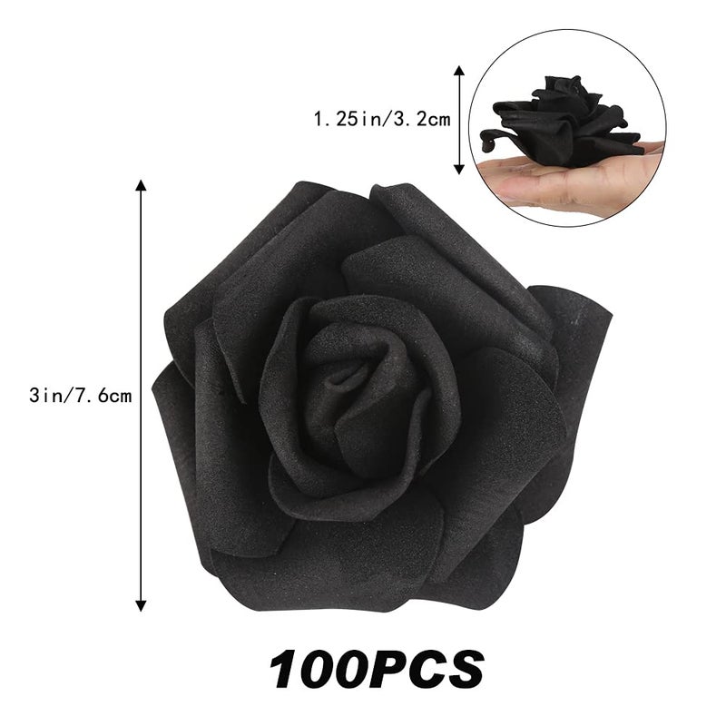 INSUNSIX 200pcs Black Artificial Foam Rose Flower Head  3-Inch Fake Flower Heads Stemless Flowers for DIY Crafts Wedding Bouquets Centerpieces Arrangements Party Baby Shower Home Decor (Black) - Image 2