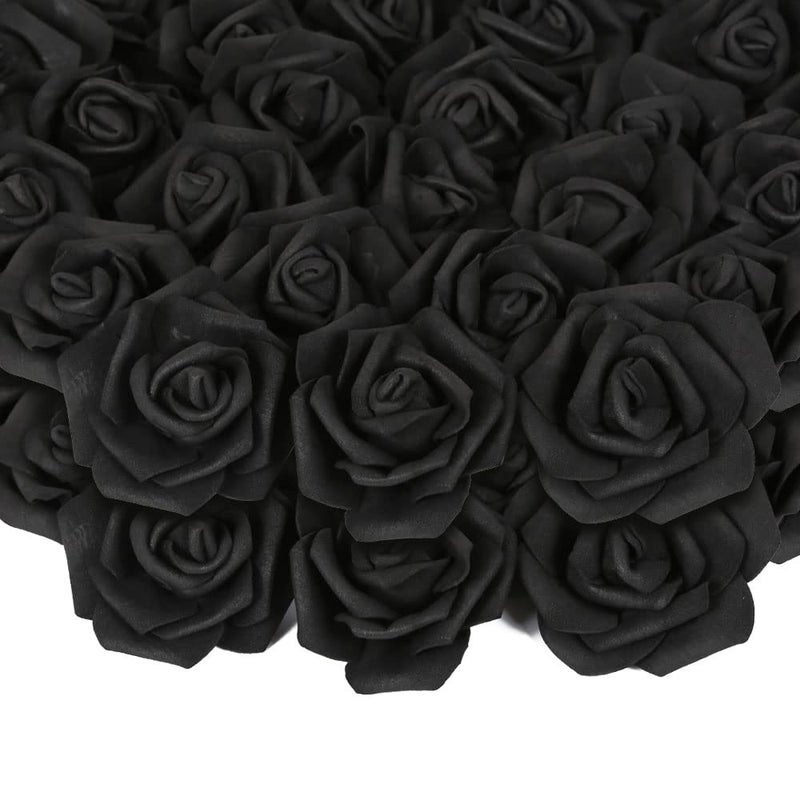 INSUNSIX 200pcs Black Artificial Foam Rose Flower Head  3-Inch Fake Flower Heads Stemless Flowers for DIY Crafts Wedding Bouquets Centerpieces Arrangements Party Baby Shower Home Decor (Black) - Image 1