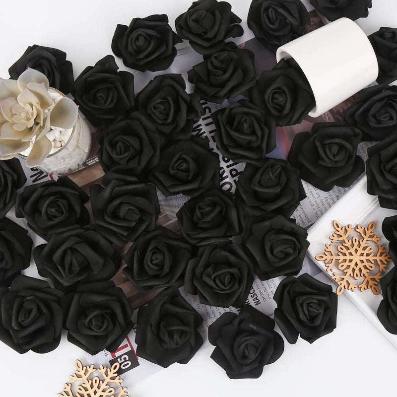 INSUNSIX 200pcs Black Artificial Foam Rose Flower Head  3-Inch Fake Flower Heads Stemless Flowers for DIY Crafts Wedding Bouquets Centerpieces Arrangements Party Baby Shower Home Decor (Black) - Image 3