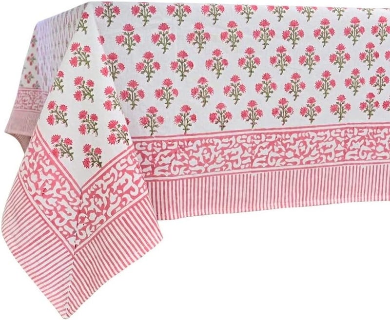 ATOSII Gulbahar White Pink 100 Cotton Fall Rectangle Tablecloth Handblock Print Floral Table Cloth for Kitchen Dining Linen I Thanksgiving Christmas Weddings Outdoors I 72 X 120 Inches I 10 Seater - Image 1