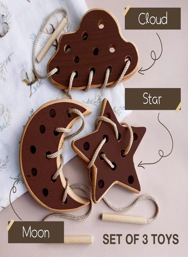 Keebori Wooden Lacing Toy Set, Educational Moon Star Cloud Shapes, Natural Wood Threading Activity with Cord, Montessori Fine Motor Skills Development for Toddlers by KEEBORI (Brown, Star) - Image 4